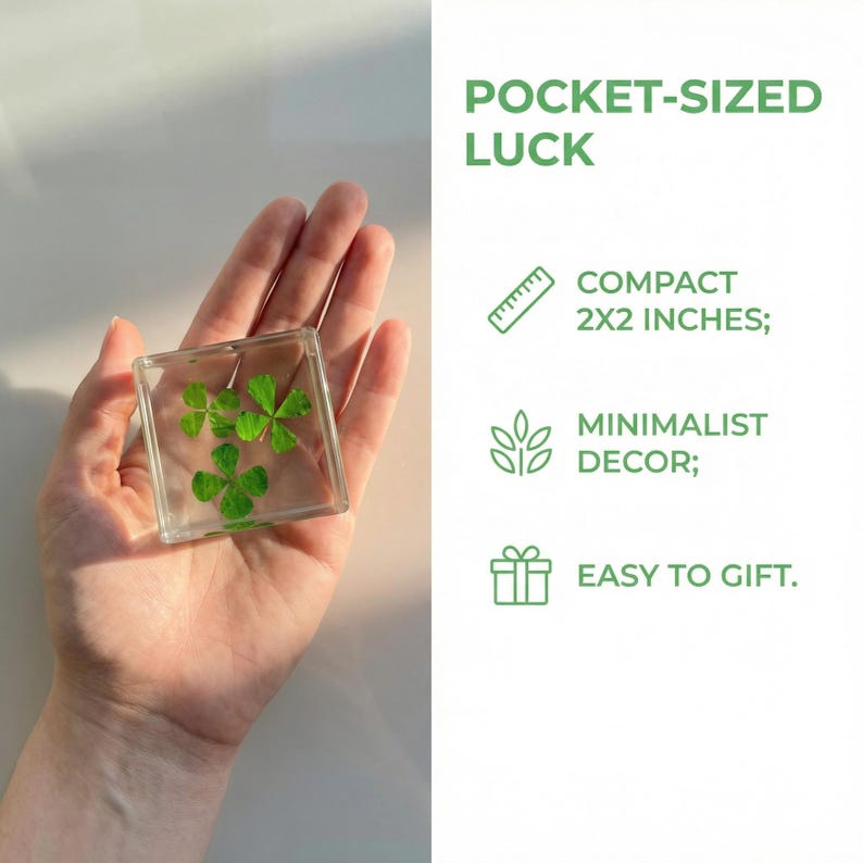 May include: A clear, square resin block containing four green four-leaf clovers. The block is held in a hand. Text on the image reads "POCKET-SIZED LUCK, COMPACT 2x2 INCHES, MINIMALIST DECOR, EASY TO GIFT."