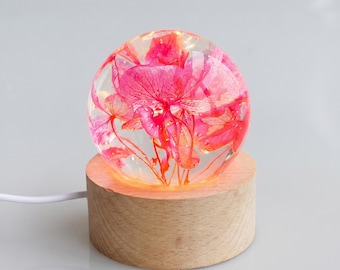 Memorial Night Light, Personalized Flower Lamp, Pink Aesthetic Night Light, Hydrangea Resin Lamp, Minimalist Cozy Room Decor