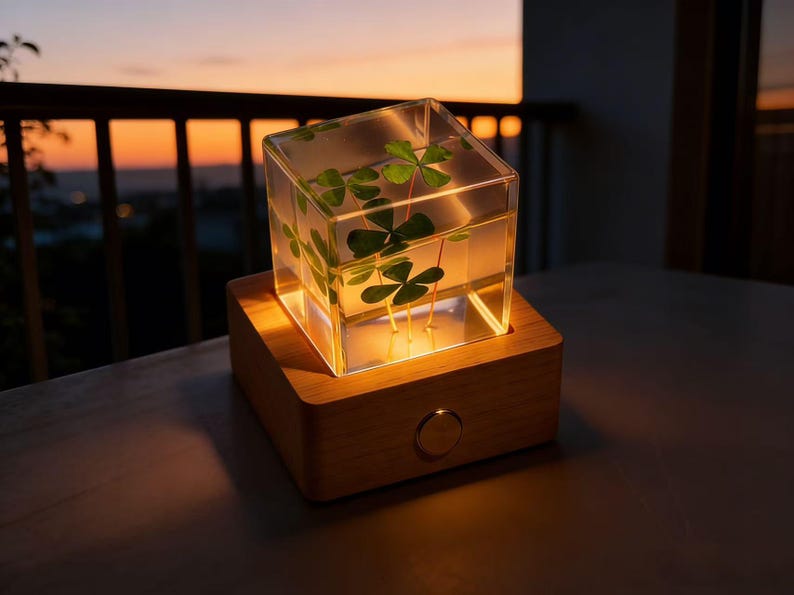 May include: A decorative lamp featuring a clear, cube-shaped resin encasing four-leaf clovers. The cube sits atop a wooden base with a warm, glowing light emanating from within. The lamp is on a table with a sunset in the background.