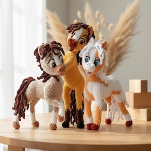 Può includere: Tre figurine di cavalli all'uncinetto in beige, giallo e bianco con criniere e code marroni e arancioni. I cavalli hanno tratti simili a cartoni animati, tra cui grandi occhi ed espressioni facciali dettagliate. Sono posizionati su una superficie di legno.