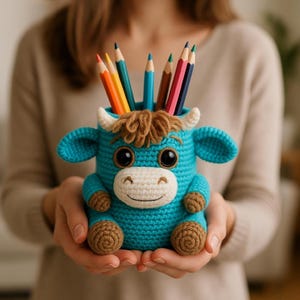 May include: A handmade turquoise crochet pencil holder shaped like a cow, with brown hooves, a white face, and small horns. The pencil holder is filled with colourful pencils. The cow has large black eyes and a smiling mouth.