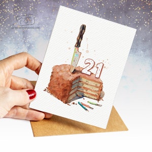 Watercolor Birthday Cake with Knife and Number Card/Set image 1