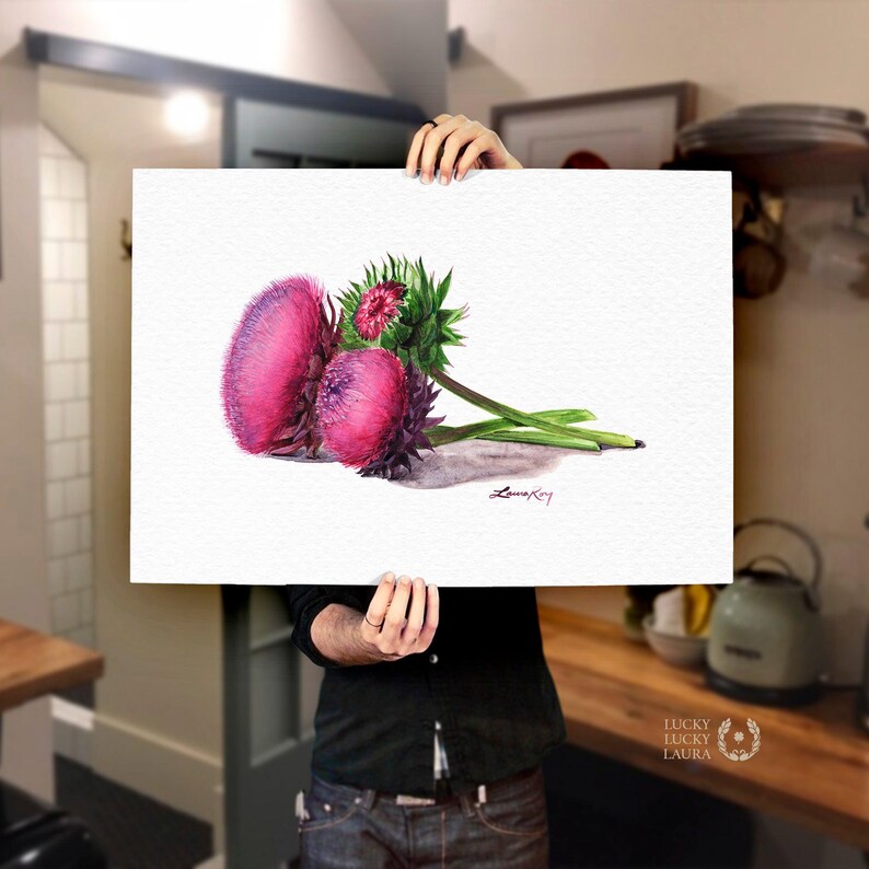 Thistle Flower Watercolor Art Print – Botanical Wildflower Trio, Musk Thistle in Bloom
