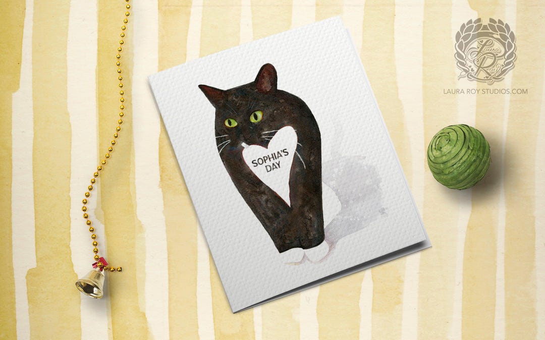Personalized Tuxedo Cat Card: Whimsical Watercolor Heart Any