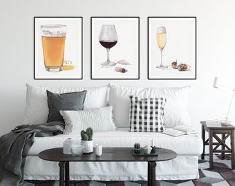 Beer, Wine, and Champagne (Set of 3) Watercolors | Giclée Prints