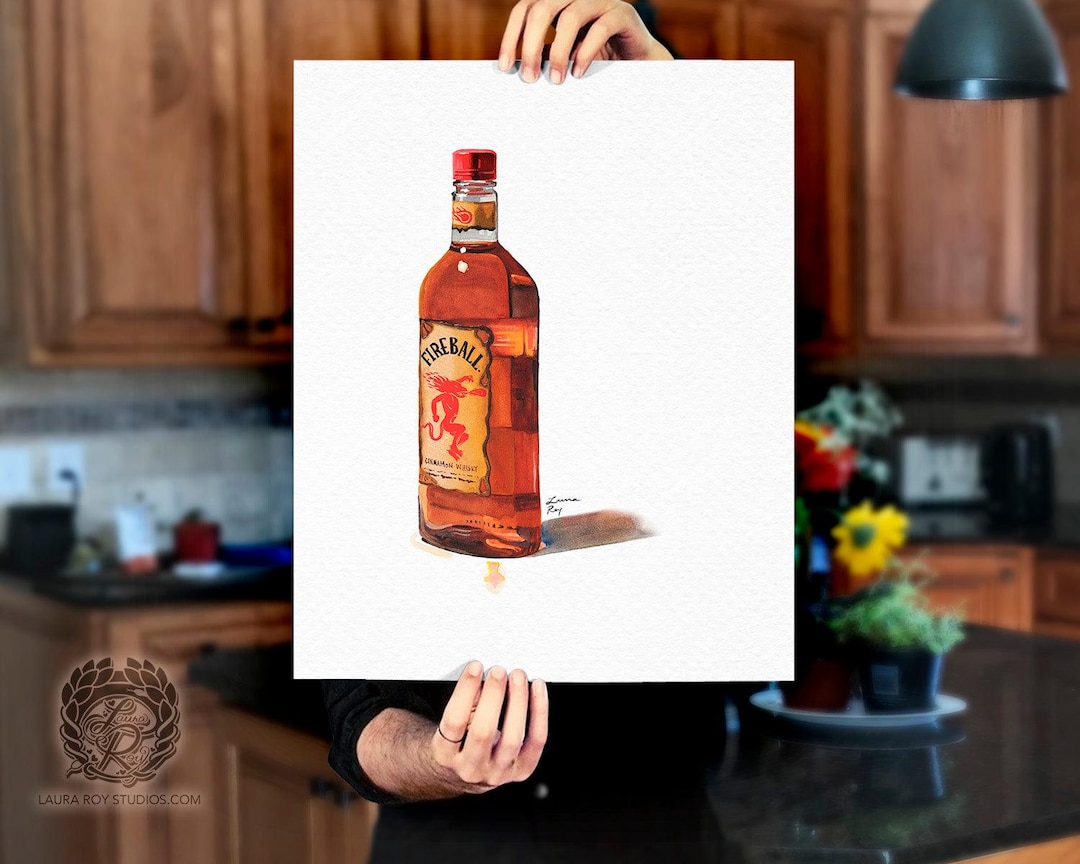 Fireball Cinnamon Whiskey Watercolor Giclée Print – Spicy Liquor Bottle