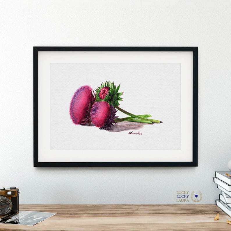 Thistle Flower Watercolor Art Print – Botanical Wildflower Trio, Musk Thistle in Bloom