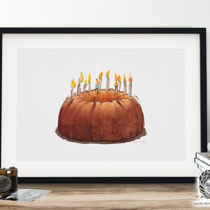 Watercolor Pound Cake Birthday Art Print Whimsical Cake Illustration with Candles, Celebration Kitchen Decor
