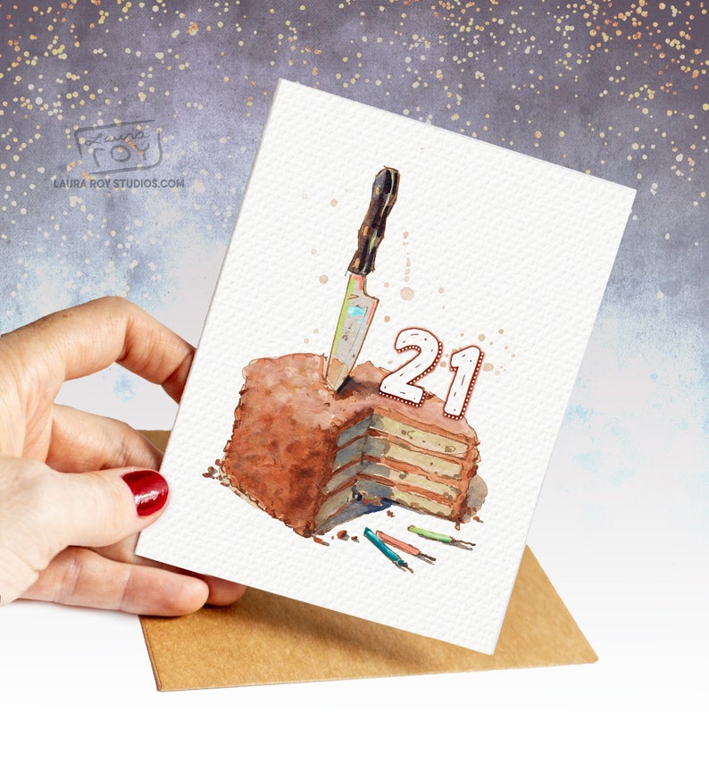 Watercolor Birthday Cake with Knife and Number Card/Set image 1