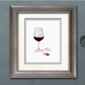 Red Wine Watercolor Art Print – Glass of Pinot Noir with Cork, Elegant Kitchen or Bar