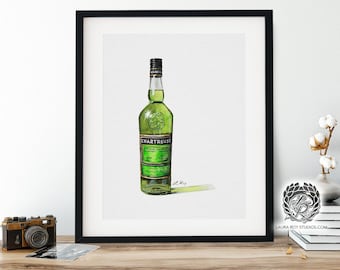 Chartreuse Liqueur Watercolor Giclée Print – French Herbal Spirit Bottle Art