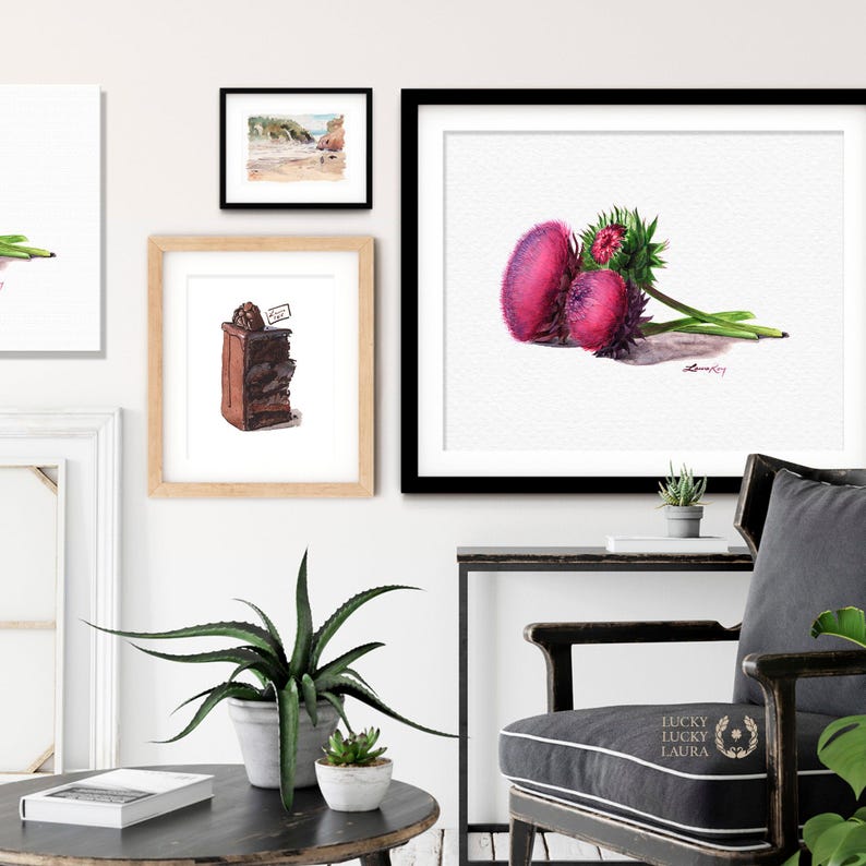 Thistle Flower Watercolor Art Print – Botanical Wildflower Trio, Musk Thistle in Bloom
