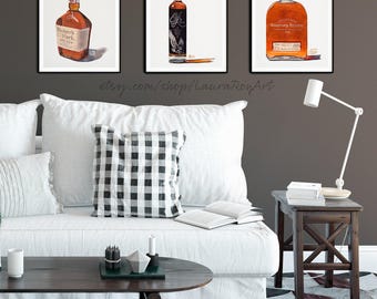 Choose 3 Whiskey Bottle Watercolors – Custom Giclée Print Set for Bar Cart or Gift