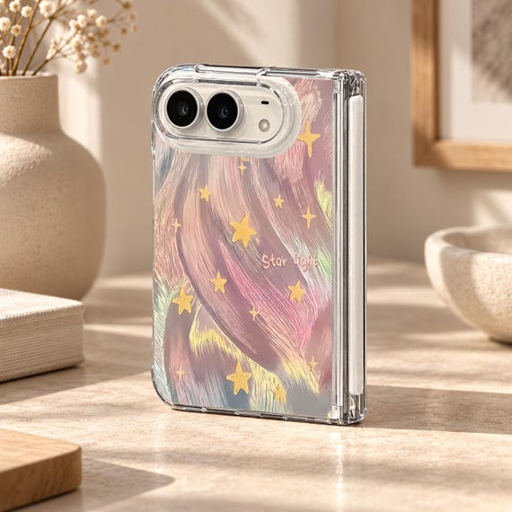 Iridescent Star Clear Folding Phone Case, Slim Full Coverage Protective Cover, Dreamy Pink Celestial Phone Case, Gift for Her