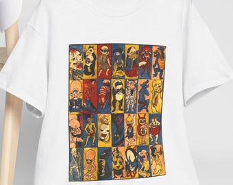 May include: White t-shirt featuring a colorful graphic of various cartoon characters in a grid pattern. The design includes a variety of colors and styles. A white baseball cap rests on a wooden chair in the background.