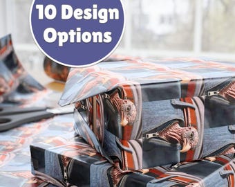 May include: Gift wrap featuring a repeating pattern of a creature's head peeking out of a denim jacket pocket. The wrapping paper is wrapped around a gift box. A blue circle with the text "10 Design Options" is in the background.