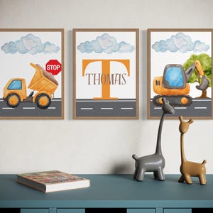 Personalised Construction Wall Art Set of 3 | Boys Truck & Excavator Prints | Custom Name Nursery Decor | Kids Room Transport Theme