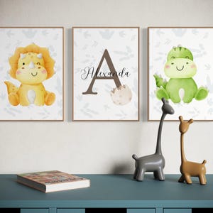 Dinosaur Nursery Wall Art Print Set – Personalised Baby Name Posters – Cute Dino Nursery Decor – Boys or Girls Room – Baby Shower Gift