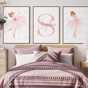 Ensemble de 3 oeuvres d&#39;art murales personnalisées Ballerine | chambre de fille rose imprimé ballet et noeuds | Décoration de chambre d&#39;enfant avec prénom personnalisé | Cadeau pour les amateurs de danse