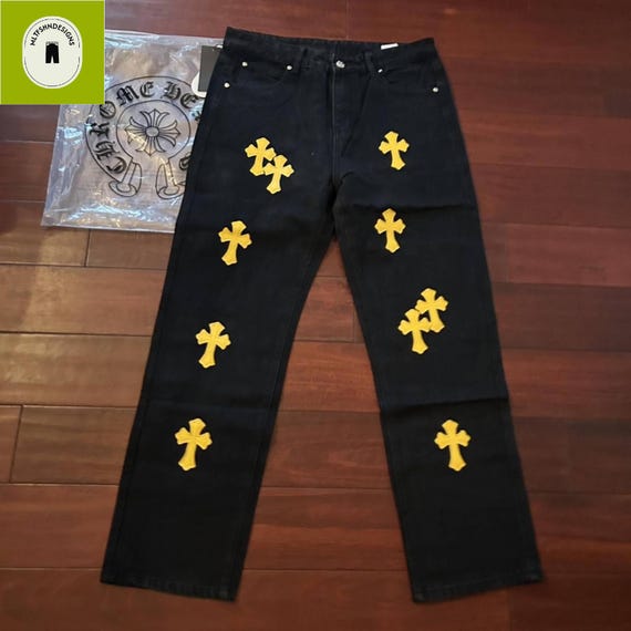 イエロークロスパッチワークのブラックデニムジーンズ - ゴシック