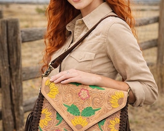 Western Floral Tooled Leather Bag Purse