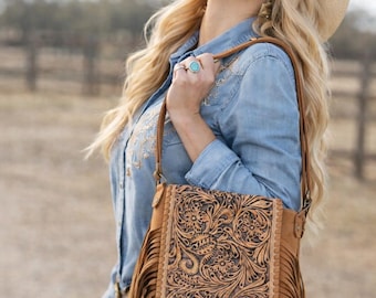 Western Tooled Leather Crossbody Purse Bag