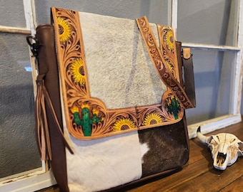 Leather Tooled Western Cactus & Sunflower Messenger Bag | Country Style Laptop Work Bag