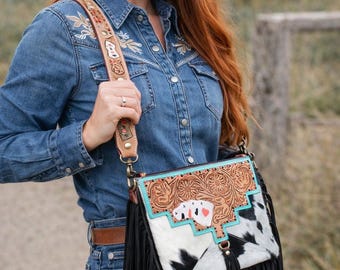 Western Style Hand Tooled Aces Leather Crossbody Purse Bag