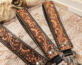 Western Sunflower Tooled Leather Keychain Wristlet Key fob