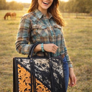 Hand Tooled Leather Cow Hide Work Bag | Western Laptop Purse