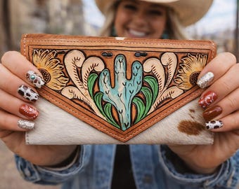 Hand Tooled Leather Cactus Western Clutch: Wristlet Wallet Bag