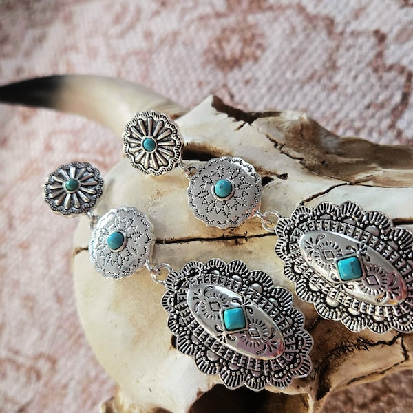 Western Concho Dangle Earrings with Turquoise Accents