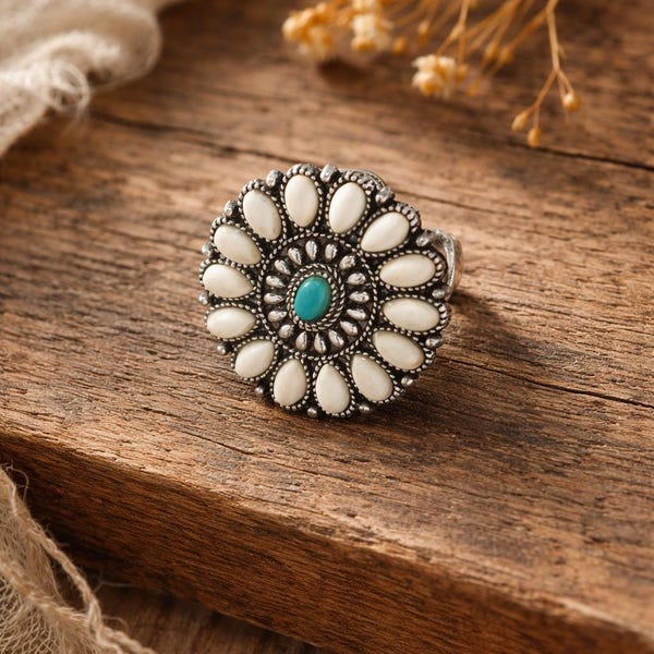 White and Turquoise Western Statement Ring: Country Style
