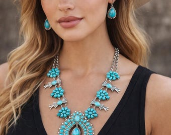 Turquoise Squash Blossom Necklace and Earring Set: Faux Stone Alloy Jewelry