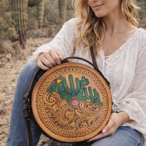Round Western Cantina Bag | Western Tooled Leather Cactus Purse