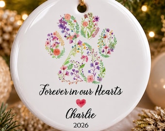 Personalized Pet Memorial Ornament, Floral Paw Print, Rainbow Bridge Keepsake, Sympathy Gift