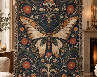 Manta de mariposas Art Nouveau, manta tejida en jacquard, manta de tapiz botánico, tapiz de pared estilo cottagecore vintage, regalo para amantes de la naturaleza
