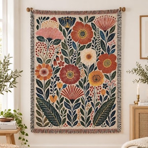 Scandinavian Folk Art Floral Blanket, Retro Botanical Tapestry Throw, Scandi Cottagecore Wall Hanging, Maximalist Garden Gift