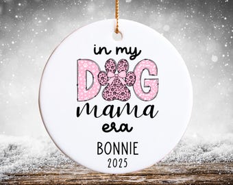 Dog Mama Ornament – Personalized Dog Lover Christmas Ornament with Name & Year, Custom Pet Mom Gift, Pink Paw Print Ornament, Dog Mom Gift
