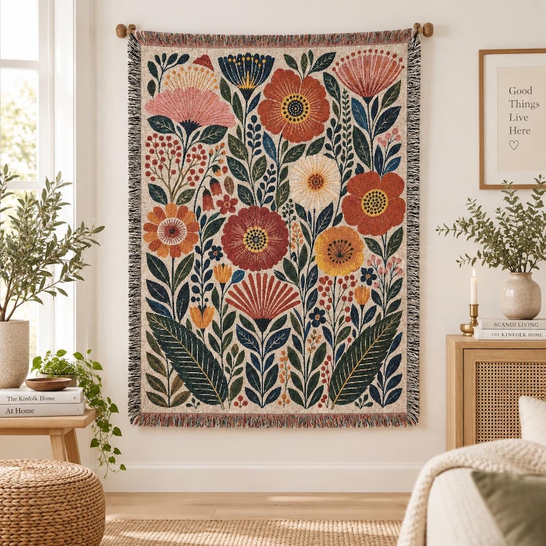 Scandinavian Folk Art Floral Blanket, Retro Botanical Tapestry Throw, Scandi Cottagecore Wall Hanging, Maximalist Garden Gift