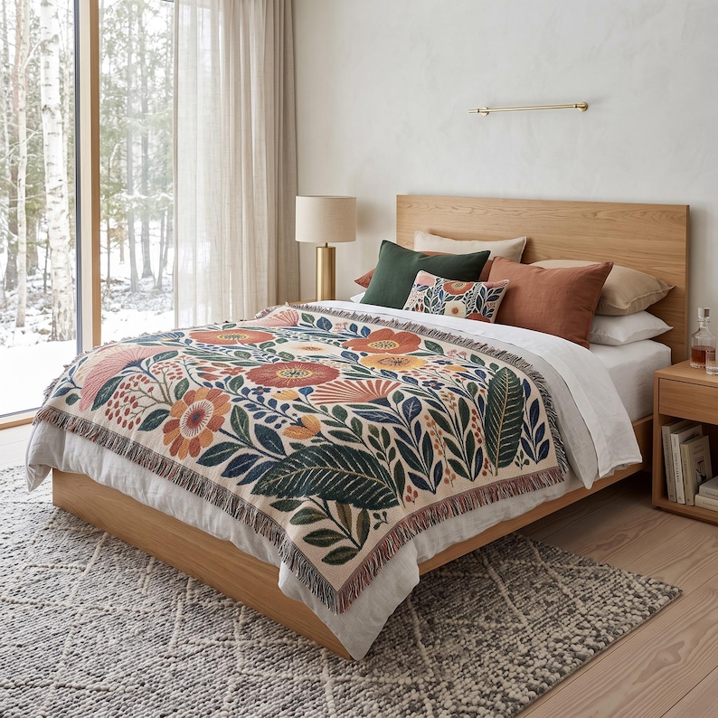 Puede incluir: Una manta tejida con fondo crema y un patr&oacute;n repetitivo de flores grandes en tonos naranja, rojo y amarillo, hojas verde oscuro y bayas peque&ntilde;as. La manta tiene un borde con flecos y est&aacute; extendida sobre una cama con ropa blanca.