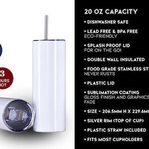 Op de afbeelding: Witte 20 oz tumbler met een zilveren rietje en deksel. De tumbler is dubbelwandig, ge&iuml;soleerd en gemaakt van food-grade roestvrij staal. Het houdt drankjes 3 uur koud en 3 uur warm. De tumbler is 20,65 cm hoog en 22,96 cm breed.