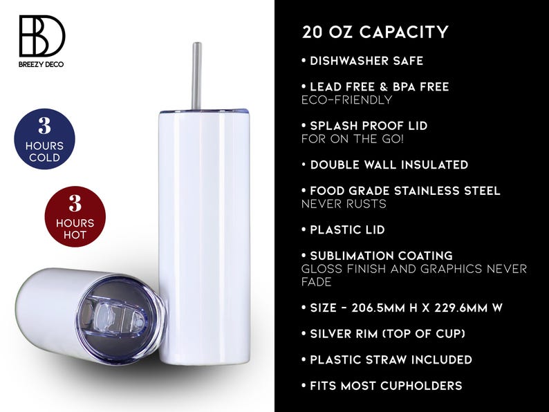 Op de afbeelding: Witte 20 oz tumbler met een zilveren rietje en deksel. De tumbler is dubbelwandig, ge&iuml;soleerd en gemaakt van food-grade roestvrij staal. Het houdt drankjes 3 uur koud en 3 uur warm. De tumbler is 20,65 cm hoog en 22,96 cm breed.