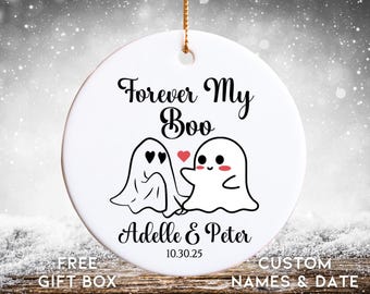 Forever My Boo Halloween Ornament – Personalized Couple Ornament with Names & Date, First Christmas Engaged, Spooky Married Ornament
