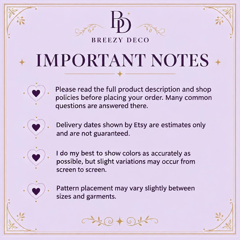 Puede incluir: Un gr&aacute;fico informativo de color violeta claro con texto en violeta oscuro titulado IMPORTANT NOTES. Incluye el logotipo de Breezy Deco, cuatro iconos de coraz&oacute;n y texto que aconseja leer las descripciones de productos, pol&iacute;ticas de la tienda, estimaciones de entrega, variaciones de color y colocaci&oacute;n de patrones.