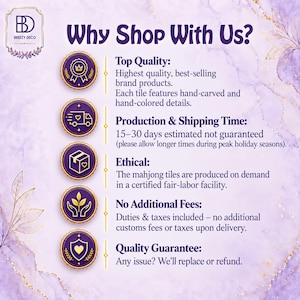 Puede incluir: Un gr&aacute;fico informativo titulado Why Shop With Us? con el logotipo de Breezy Deco y cinco iconos circulares morados con bordes dorados. El texto detalla las pol&iacute;ticas sobre calidad, tiempos de producci&oacute;n, &eacute;tica, impuestos y garant&iacute;a para fichas de mahjong.