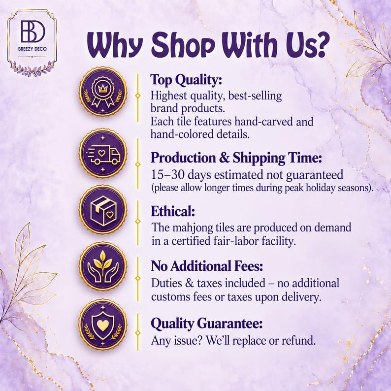 Puede incluir: Un gr&aacute;fico informativo titulado Why Shop With Us? con el logotipo de Breezy Deco y cinco iconos circulares morados con bordes dorados. El texto detalla las pol&iacute;ticas sobre calidad, tiempos de producci&oacute;n, &eacute;tica, impuestos y garant&iacute;a para fichas de mahjong.