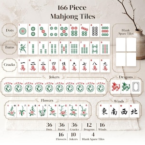 Juego de fichas de Mahjong Chinoiserie, regalo para amantes del Mahjong, 166 piezas de acrílico con diseño botánico chino, fichas transparentes de 4 capas, regalo de lujo para aficionados a los juegos. imagen 7