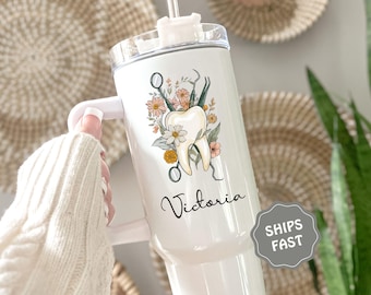 Dentist Tumbler with Name, Custom Dental Hygienist Mug, Floral Tooth Dental Assistant Cup, Personalized Dentist Water Bottle
