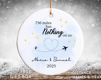 Long Distance Relationship Ornament, Personalized Miles Apart Christmas Gift, Custom Couple / Friendship Ornament w/ Names, Year & Distance